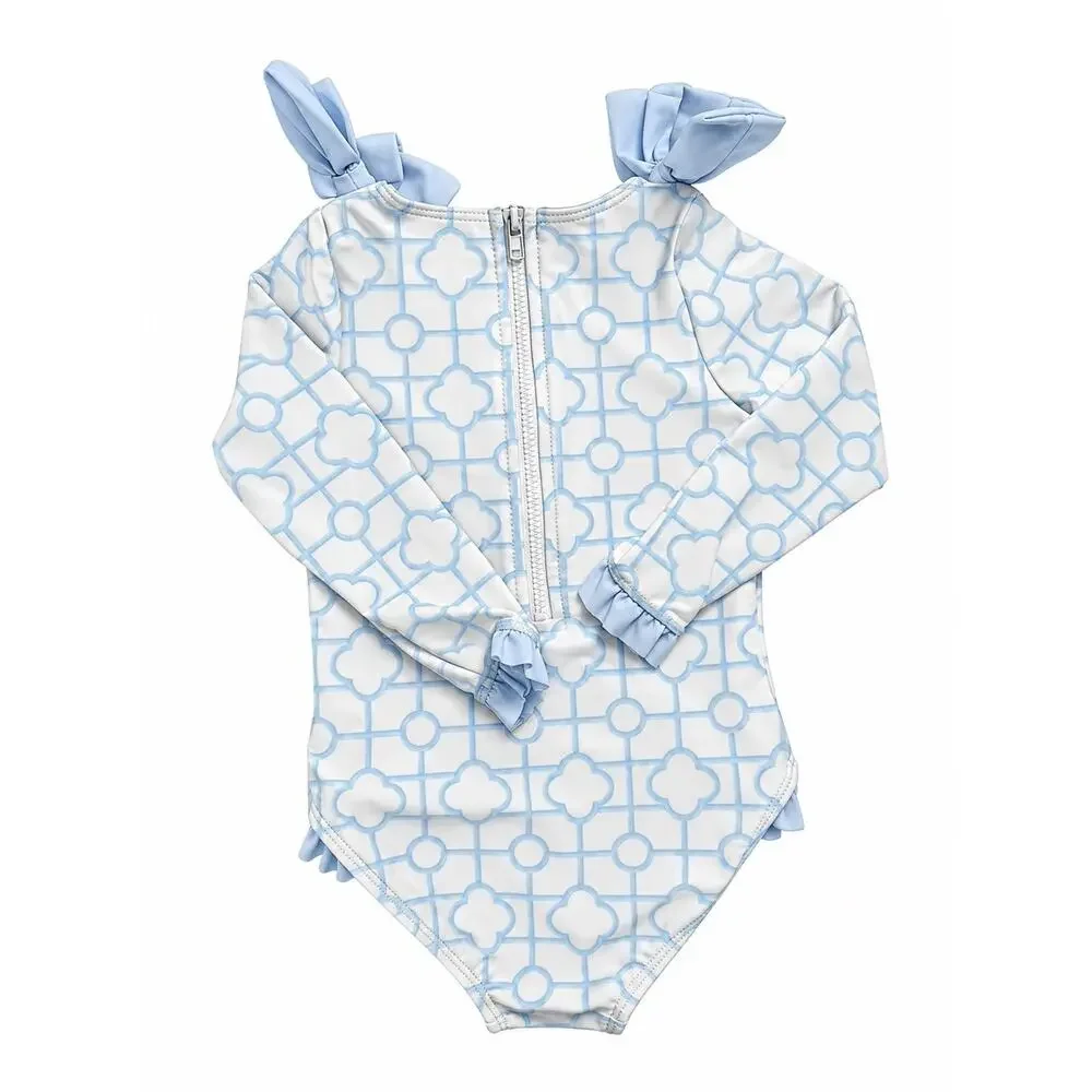 Edgehill Collection Baby Girls 18M Blue White Long Sleeve One Piece Swimsuit